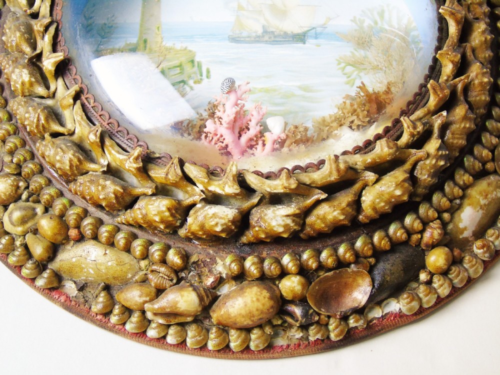 Antique Shellwork Circular Marine Picture Folk Art View III