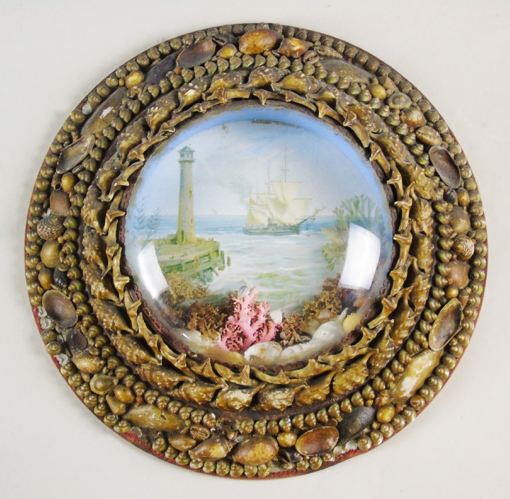 Antique Shellwork Circular Marine Picture Folk Art View VI