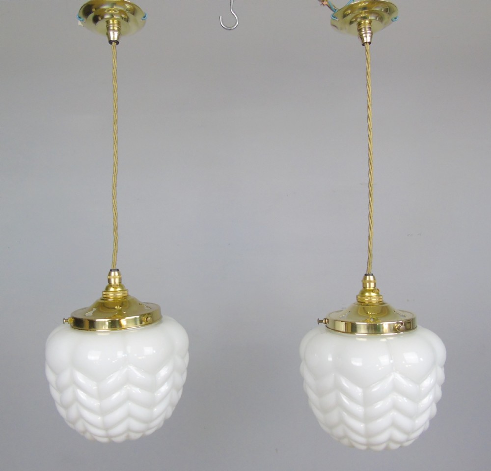 Pair Antique Opaline Glass Pendant Lights