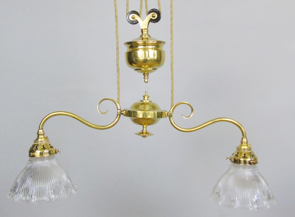 Good Holophane Brass Rise and Fall Ceiling Light Chandelier View VIII