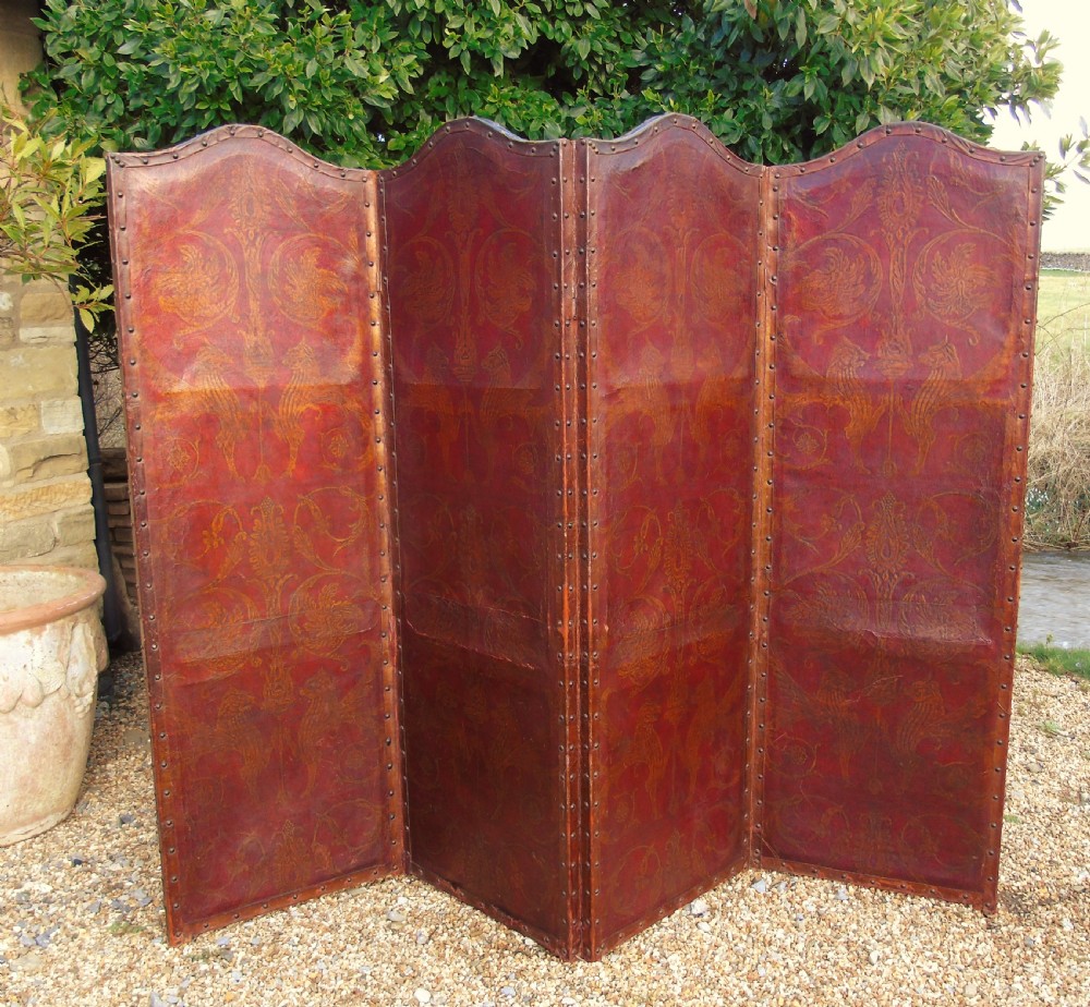 Antique Four Panel Leather Screen