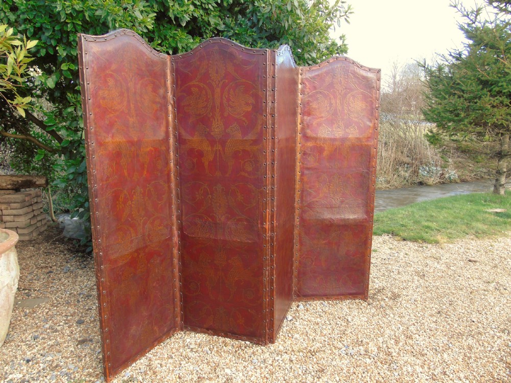 Antique Four Panel Leather Screen View IV
