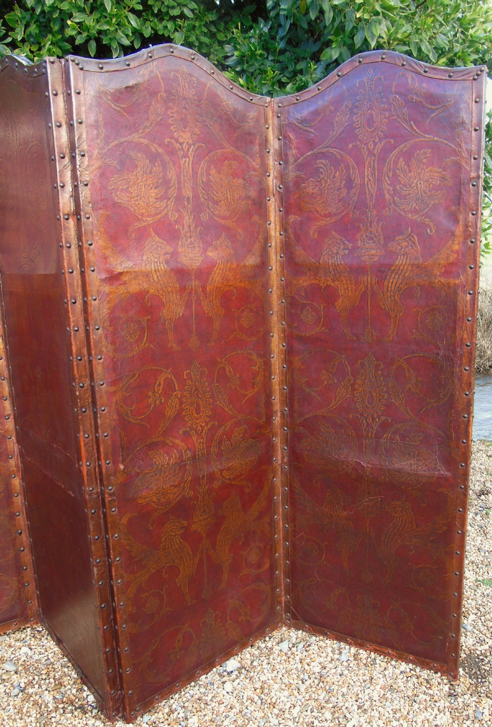 Antique Four Panel Leather Screen View V