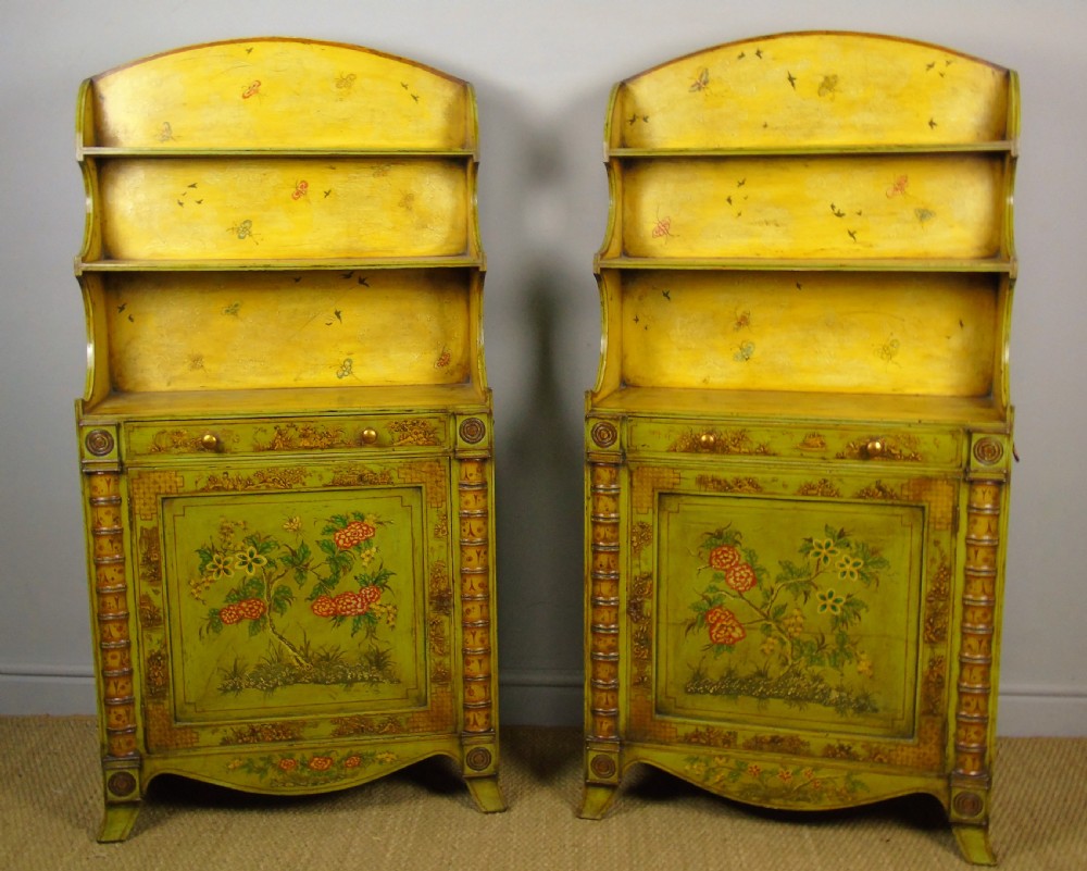 Fabulous Pair of Painted Regency Style Chinoiserie Alcove Bookcase Cabinets