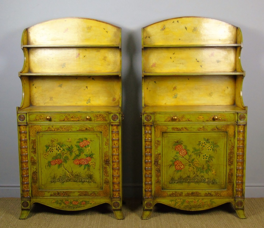 Fabulous Pair of Painted Regency Style Chinoiserie Alcove Bookcase Cabinets View II