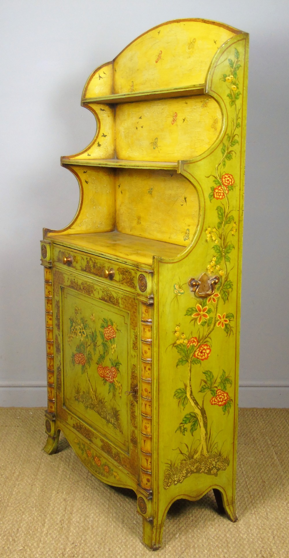 Fabulous Pair of Painted Regency Style Chinoiserie Alcove Bookcase Cabinets View IV