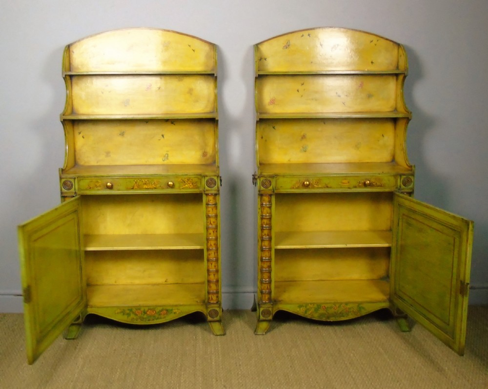 Fabulous Pair of Painted Regency Style Chinoiserie Alcove Bookcase Cabinets View IX