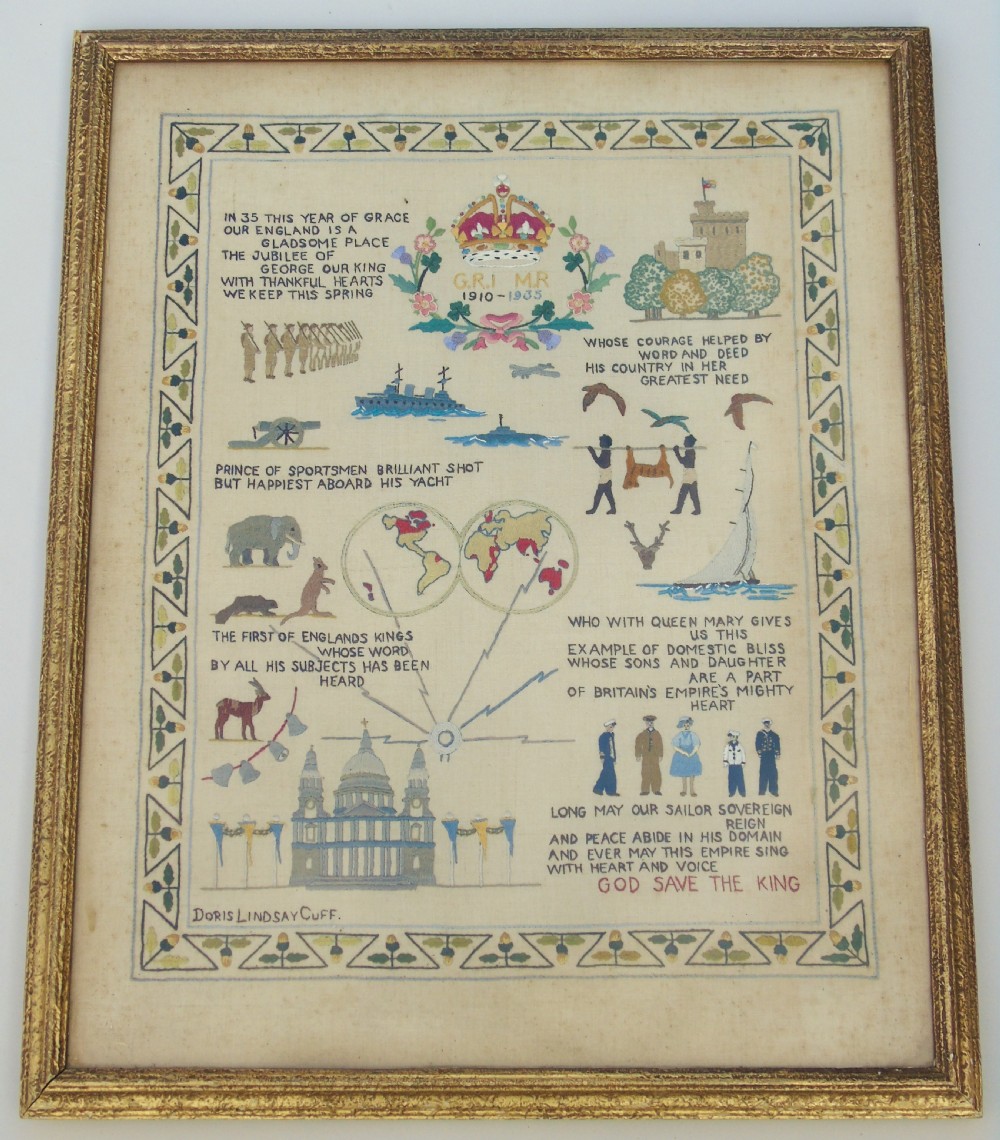 Antique Needlework Sampler Embroidery George V Jubilee and Commonwealth