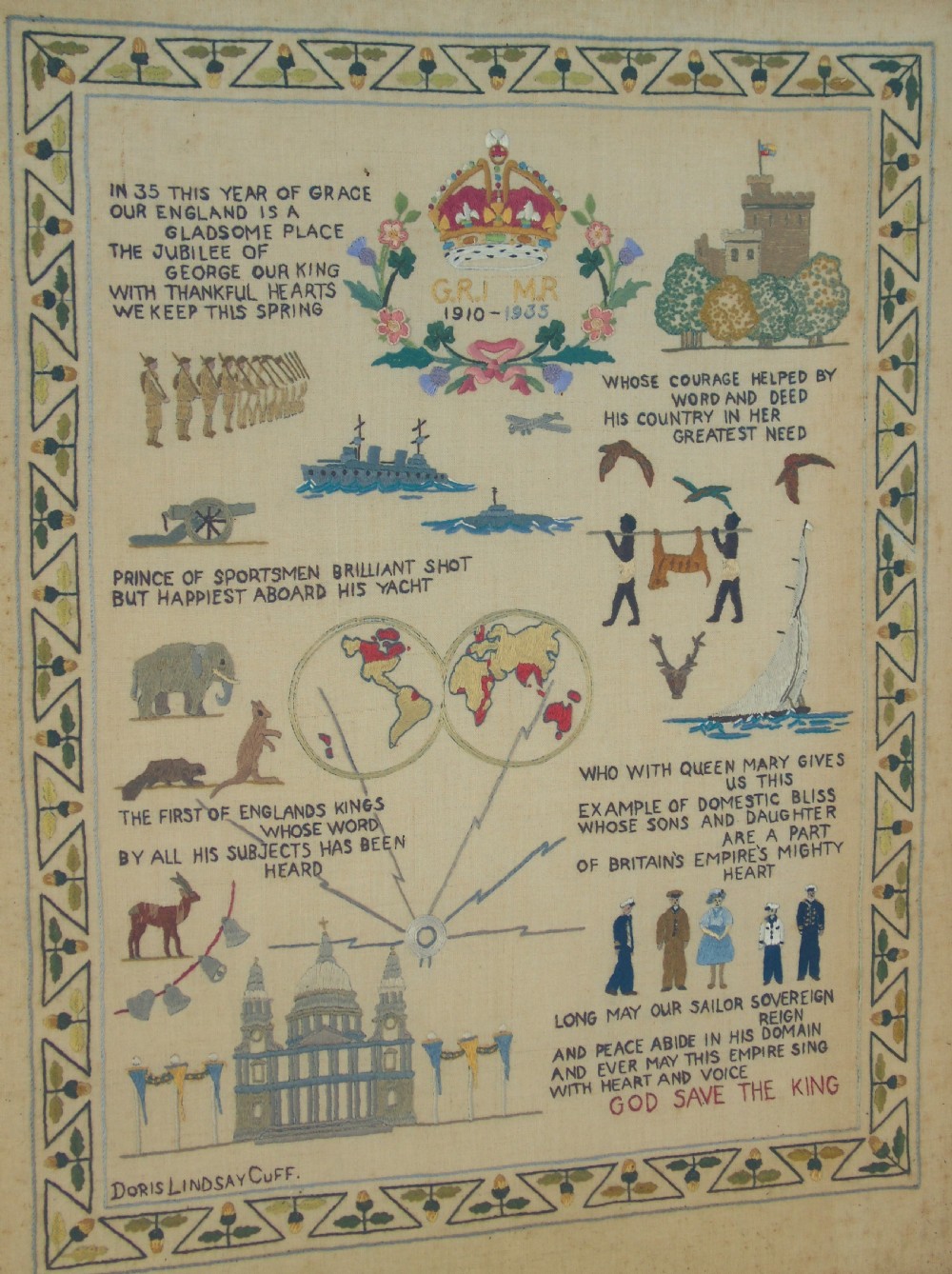 Antique Needlework Sampler Embroidery George V Jubilee and Commonwealth View II