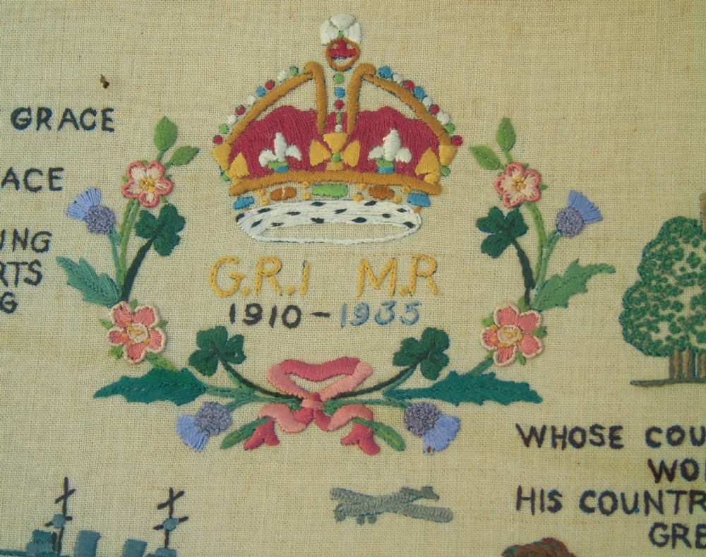 Antique Needlework Sampler Embroidery George V Jubilee and Commonwealth View V