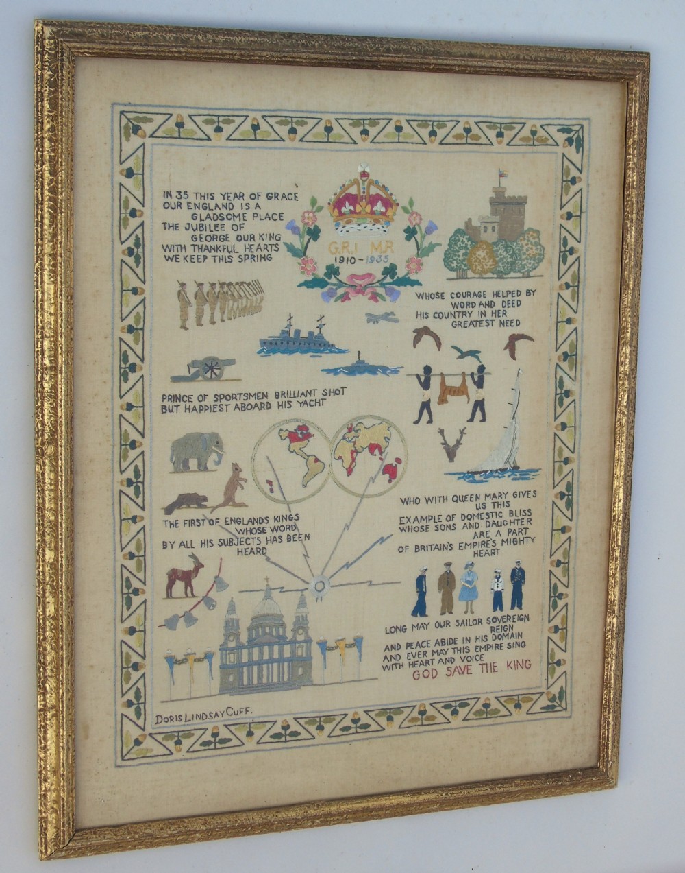 Antique Needlework Sampler Embroidery George V Jubilee and Commonwealth View VI