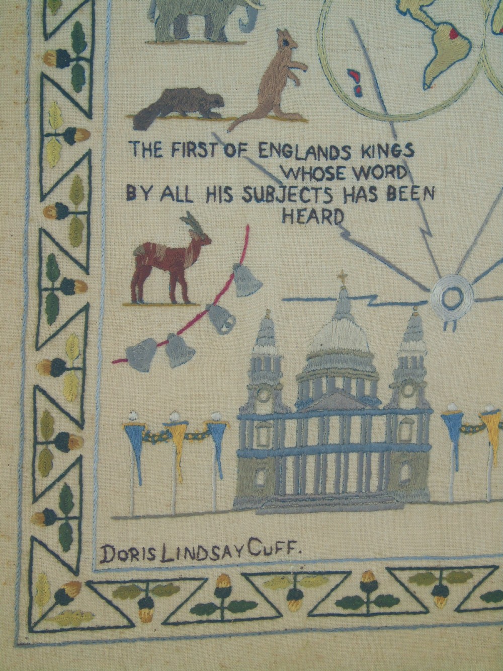 Antique Needlework Sampler Embroidery George V Jubilee and Commonwealth View X
