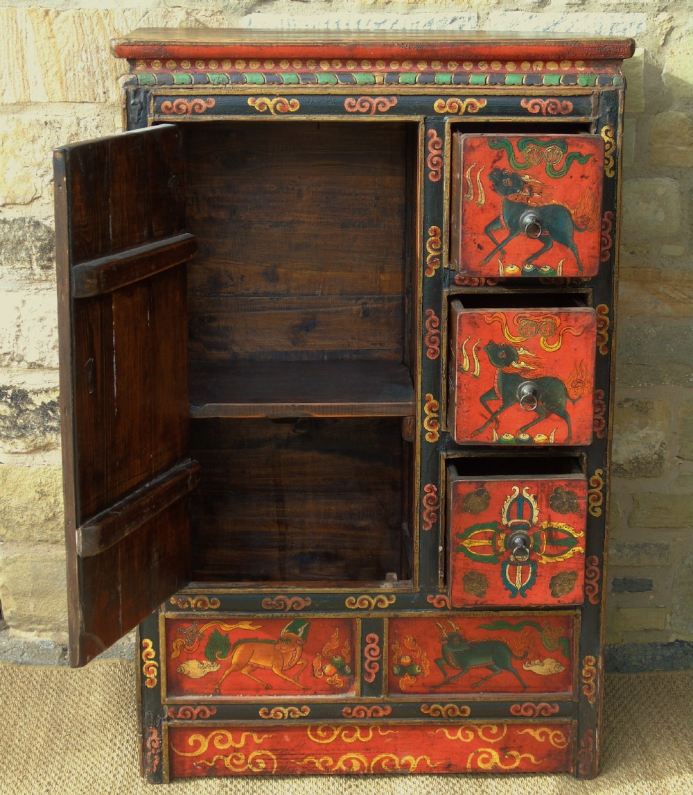 Stunning 19th Century Tibetan Hand Painted Cabinet View VII