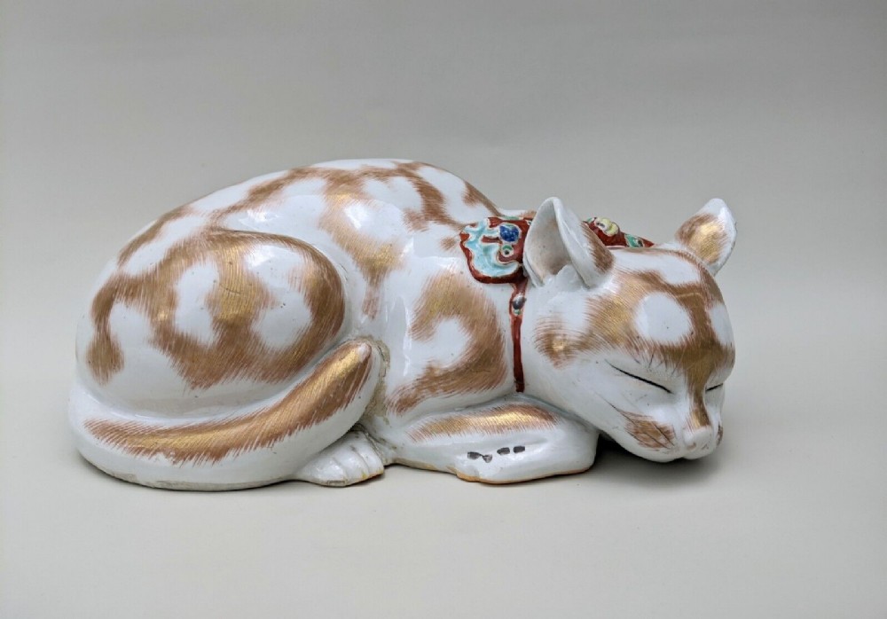 Large Japanese Kutani Model of a Sleeping Cat Meiji Period