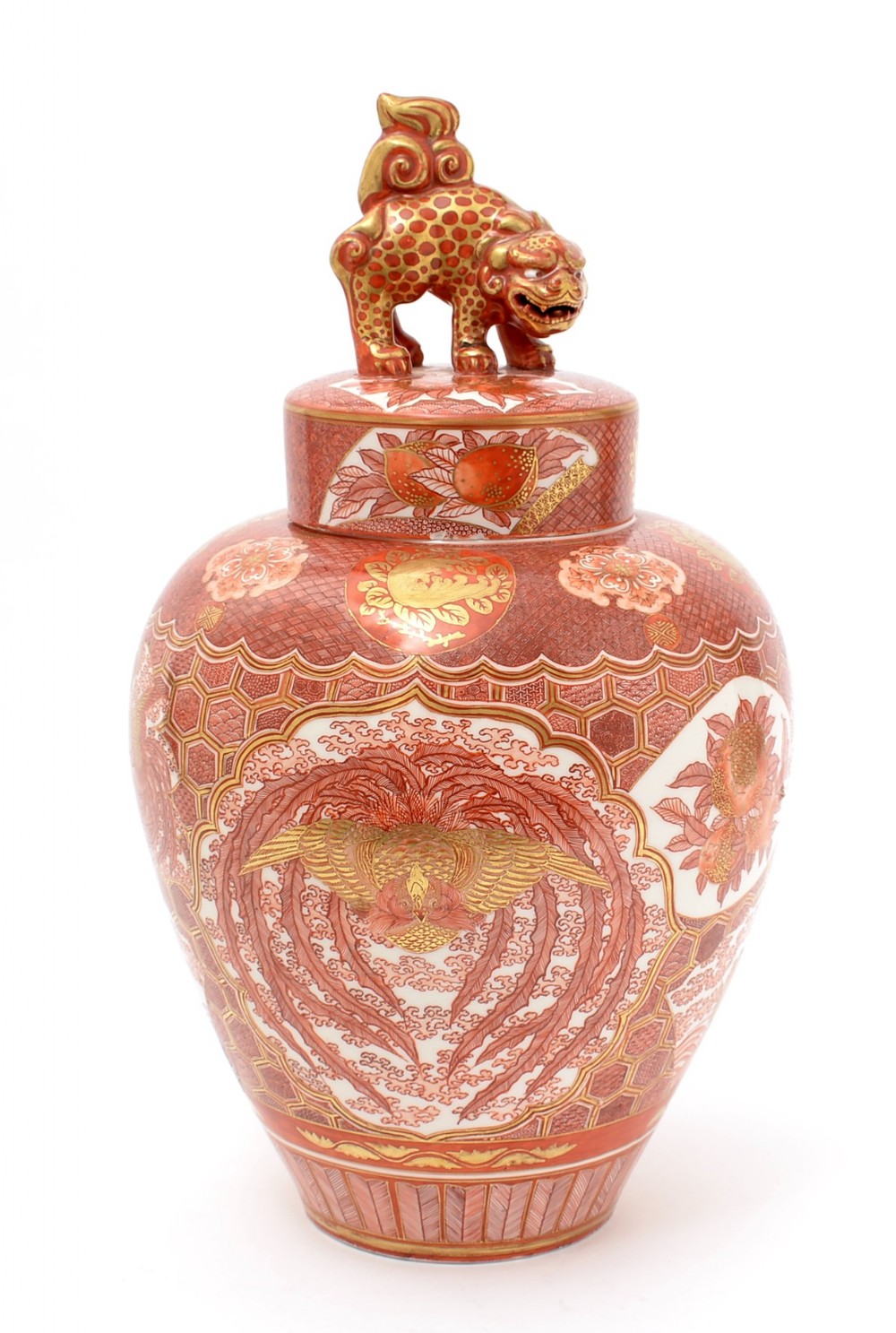 Antique Japanese Large Kutani Shishi Lidded Vase