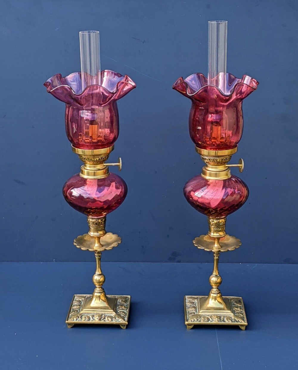 Good Pair of Victorian Cranberry Oil Lamps