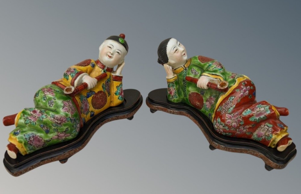 Good Pair Chinese Porcelain Opium Smokers on Original Stands