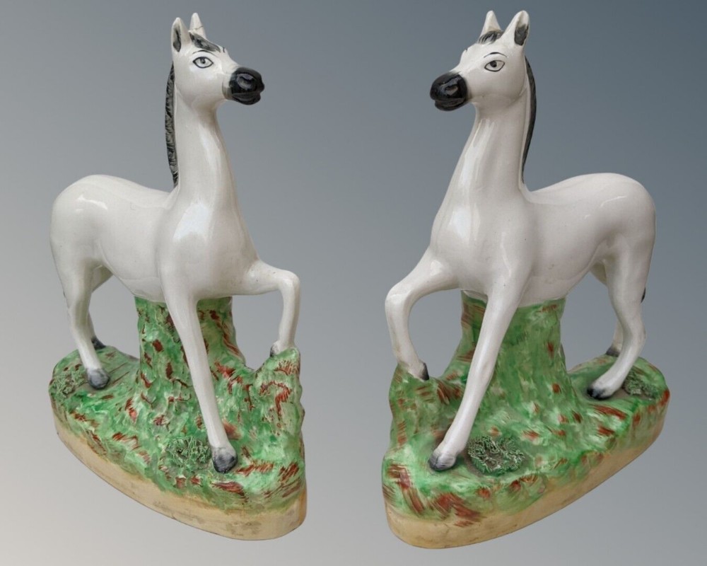 Good Rare Pair Victorian Staffordshire White Horses