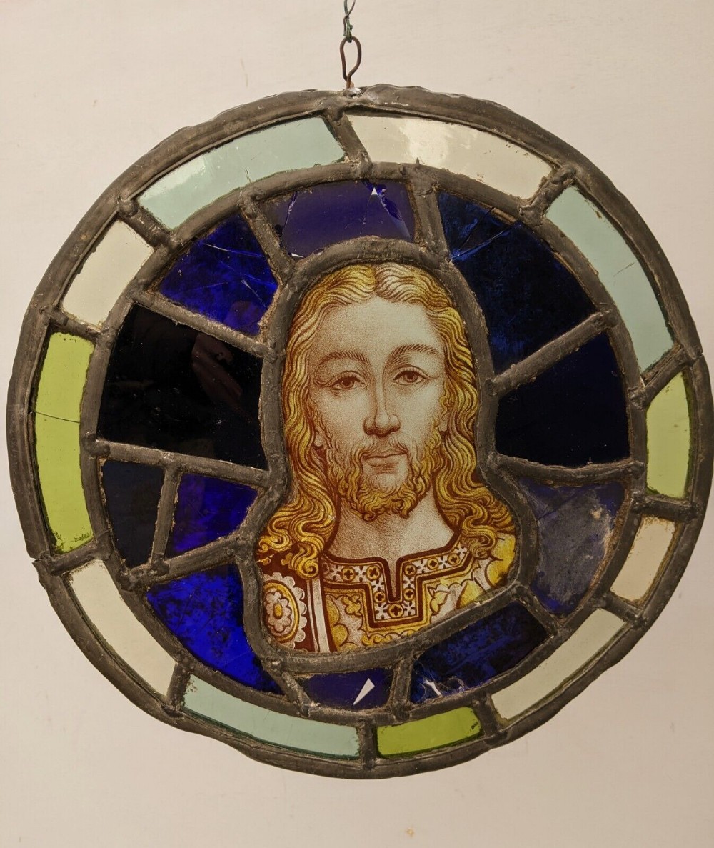 Victorian Ecclesiastical Stained Glass Panel Face of Christ