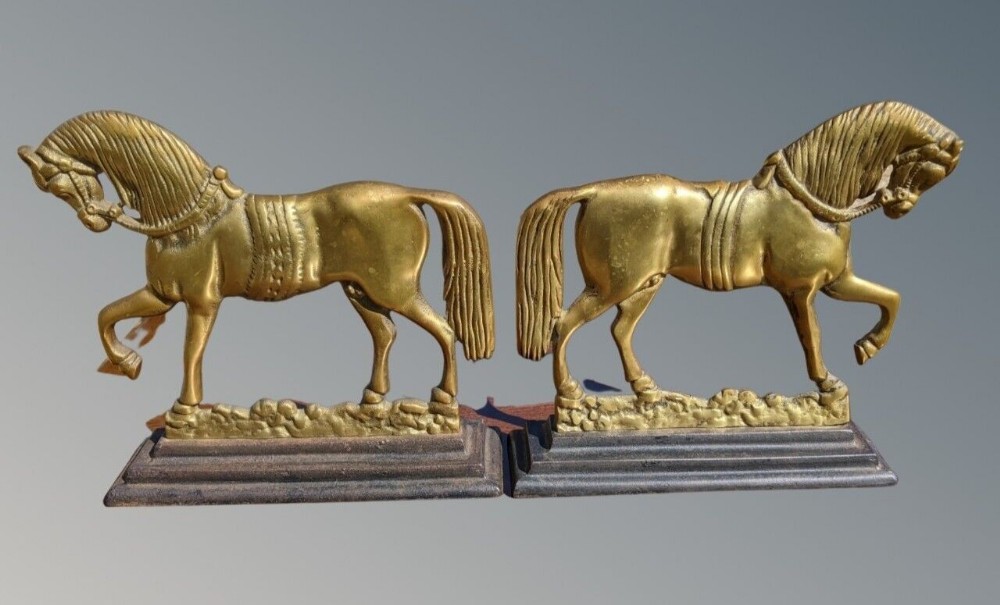 Pair Of Antique Brass And Cast Iron Horses Door Porters