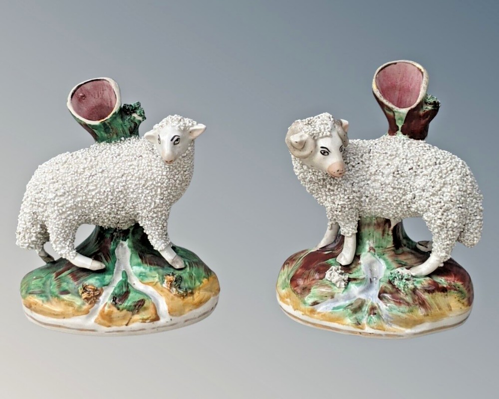 Pair 19th Century Staffordshire Sheep Spill Holder