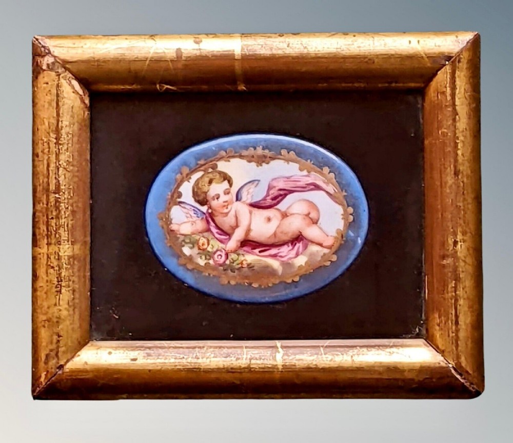 Antique Cherub Porcelain Plaque Framed