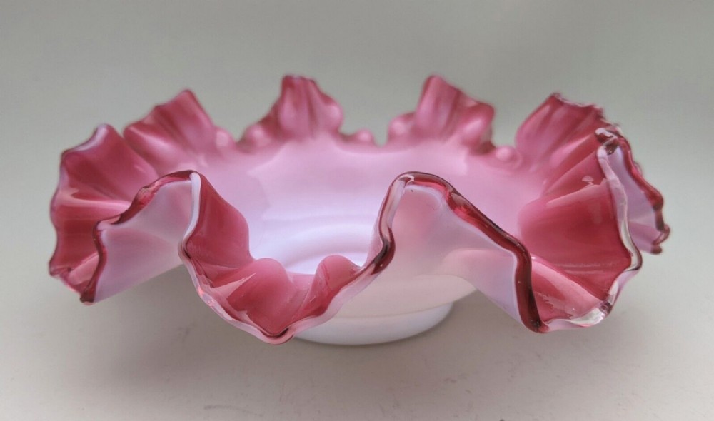 Antique Cranberry and Milk Glass Crimped Bowl