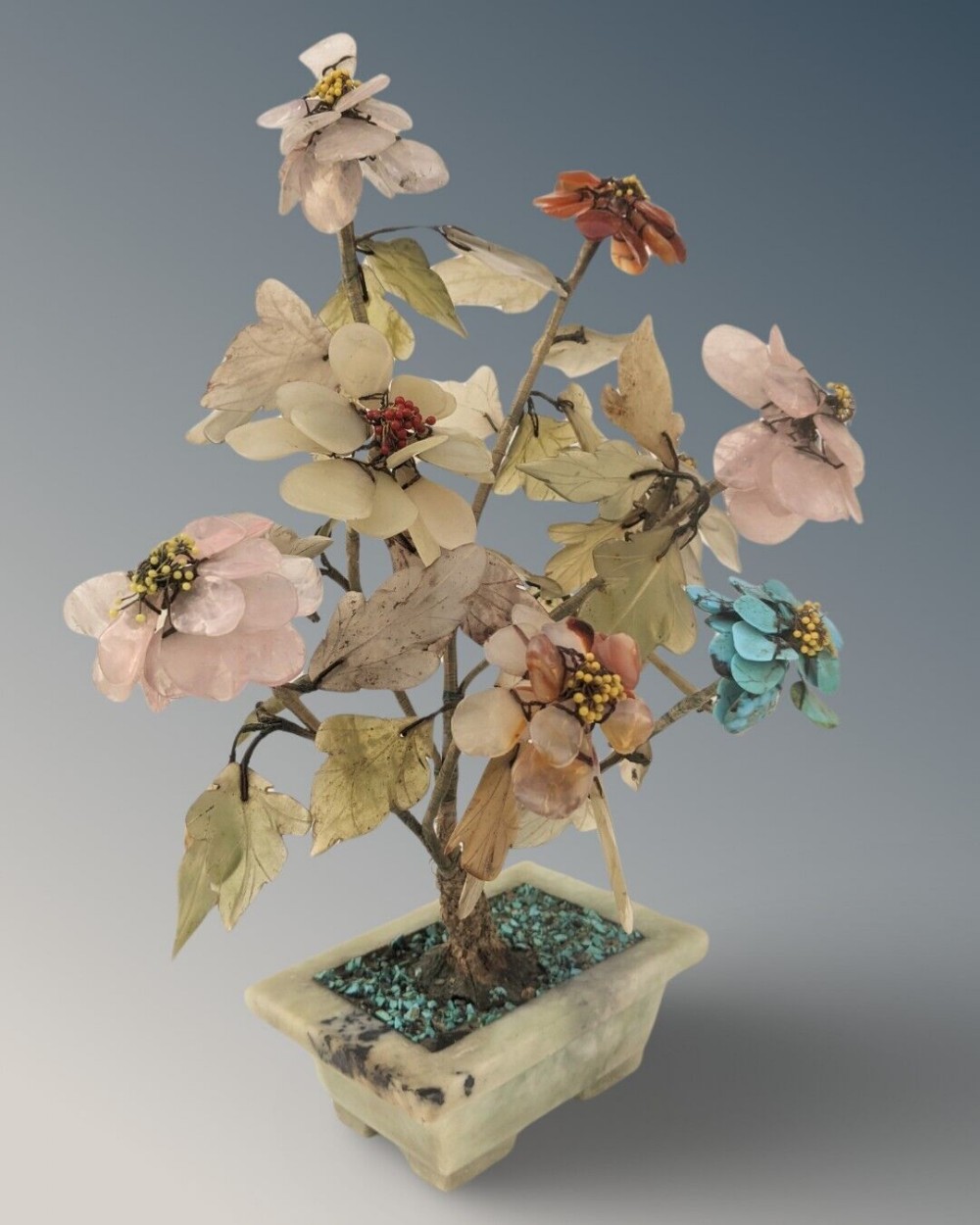Antique Chinese Bonsai Jade, Rose Quartz and Carnelian