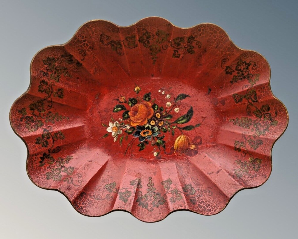 Victorian Red Lacquer Dish Hand Painted Papier Mache