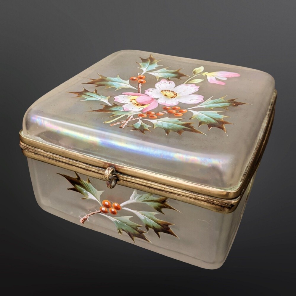 Pretty Victorian Iridescent Glass Jewellery Box Hand Enamelled