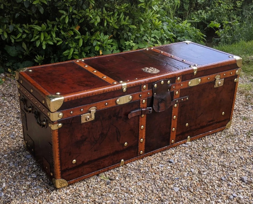 Impressive Antique Leather Trunk Chest Military