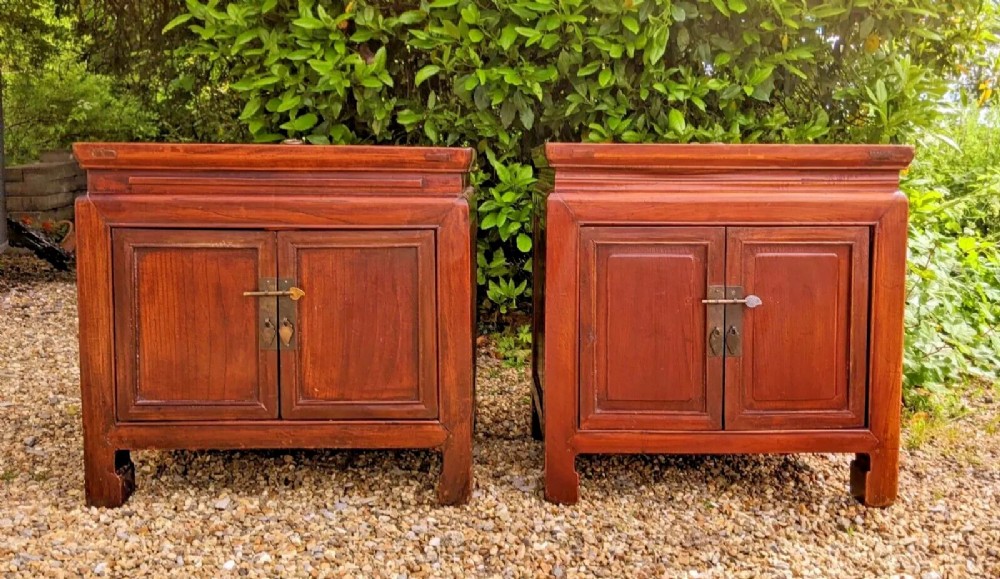 Neat Near Pair of Chinese Hardwood Bedside Cabinets