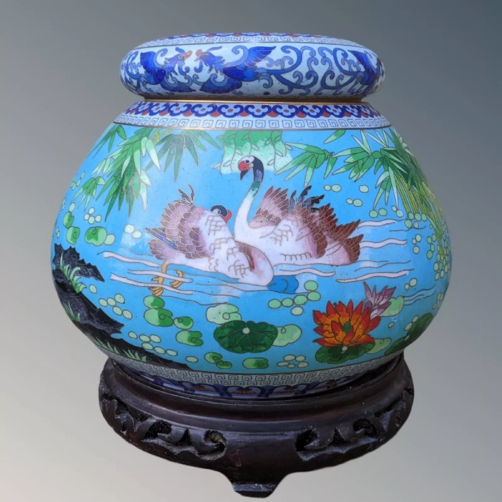 Large Antique Chinese Cloisonne Bowl and Cover on Stand