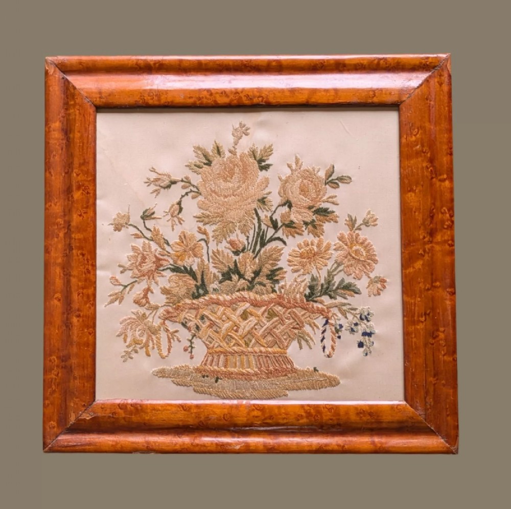 Antique French Silk Embroidery Roses and Chrysanthemum