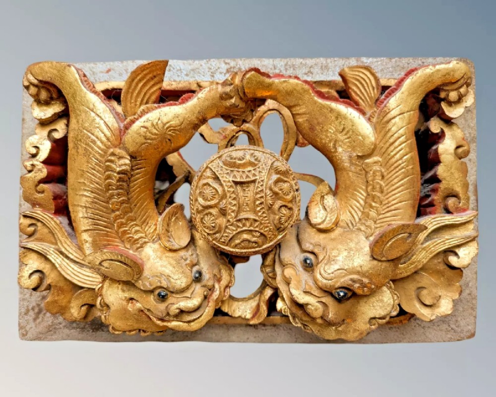 Chinese Carved Giltwood Temple Panel Dogs of Fo