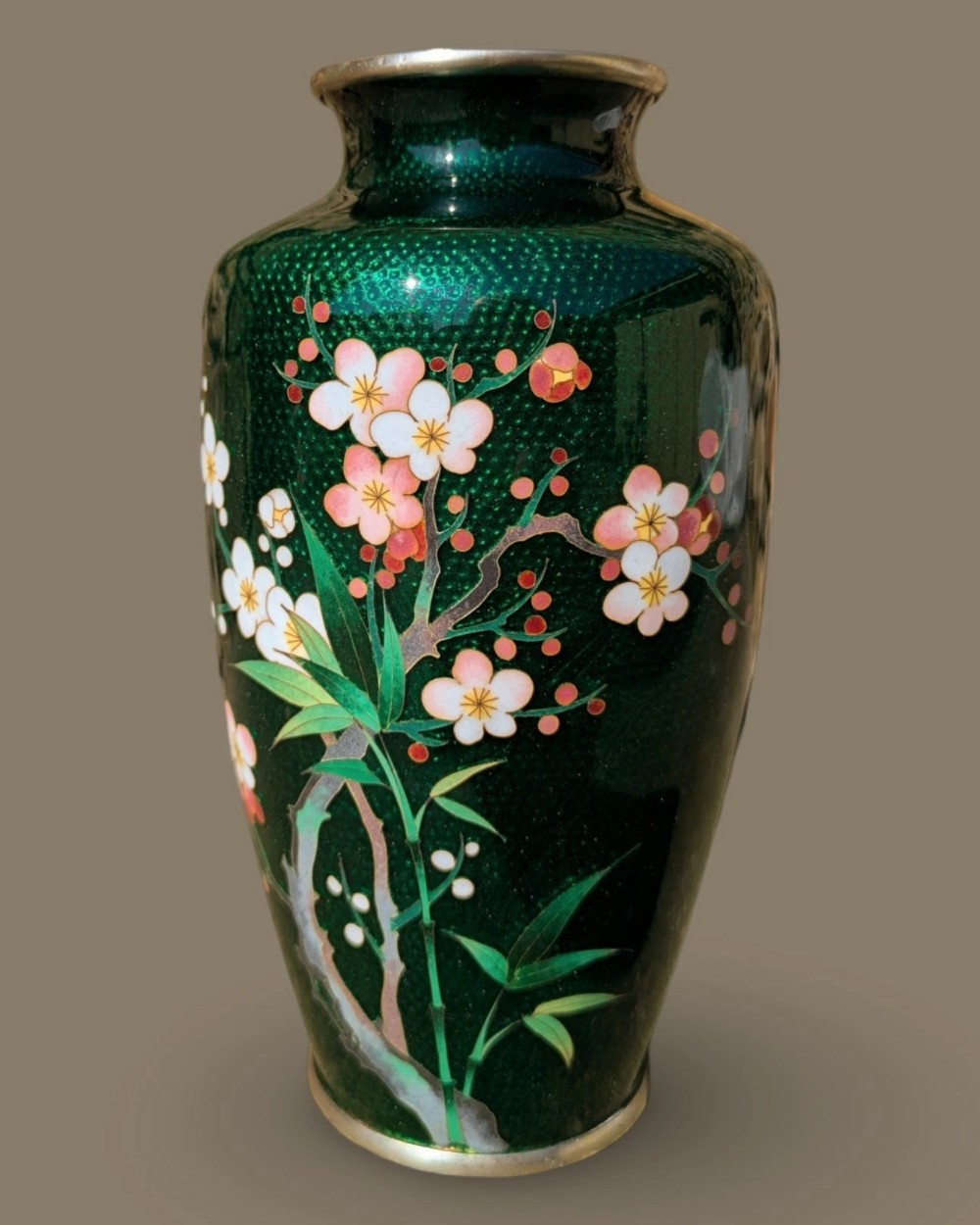 Antique Ginbari Japanese Cloisonne Vase Emerald Green