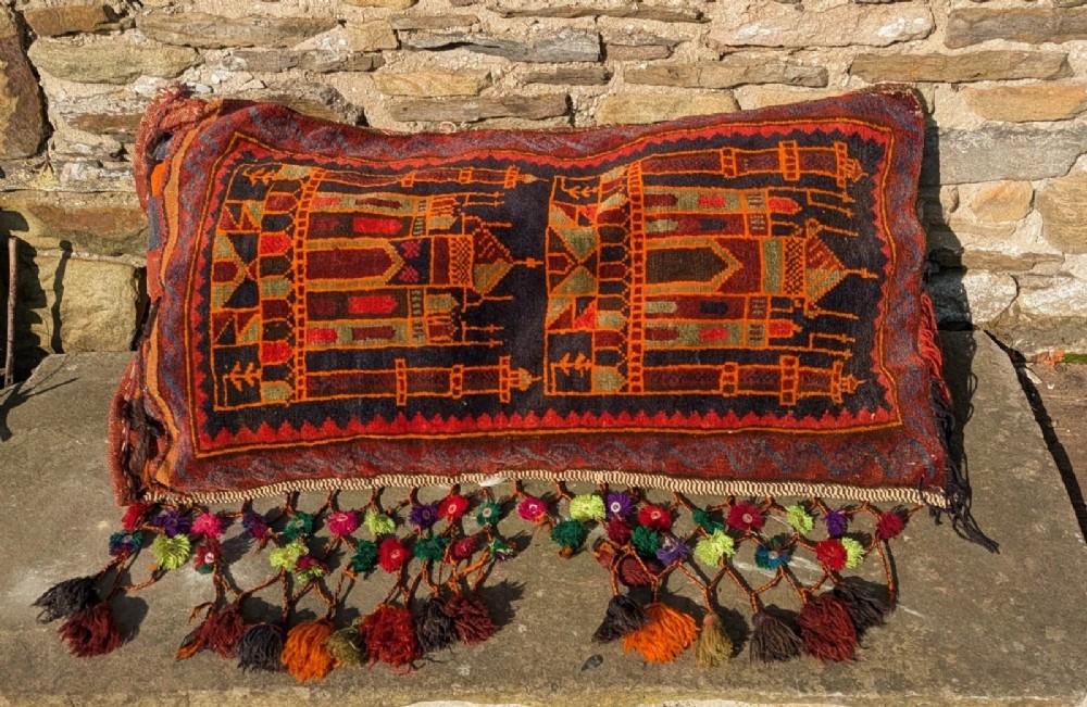 Antique Tribal Bag Face Cushion Tasselled Hand Woven