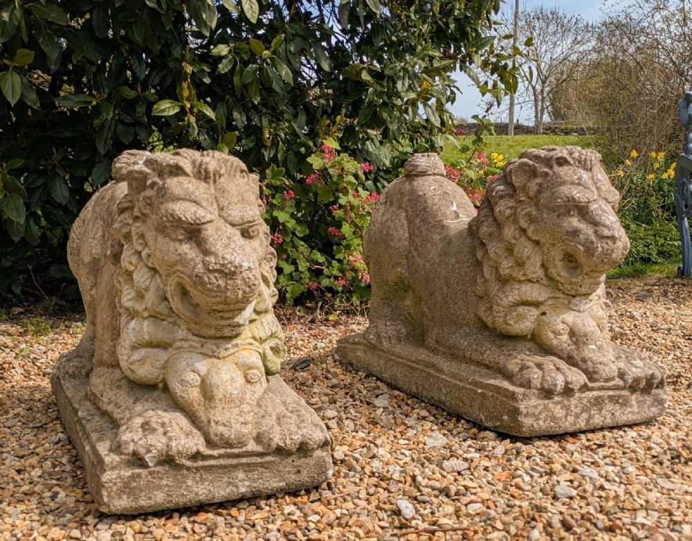 Pair Antique Medieval Style Stone Garden Lions