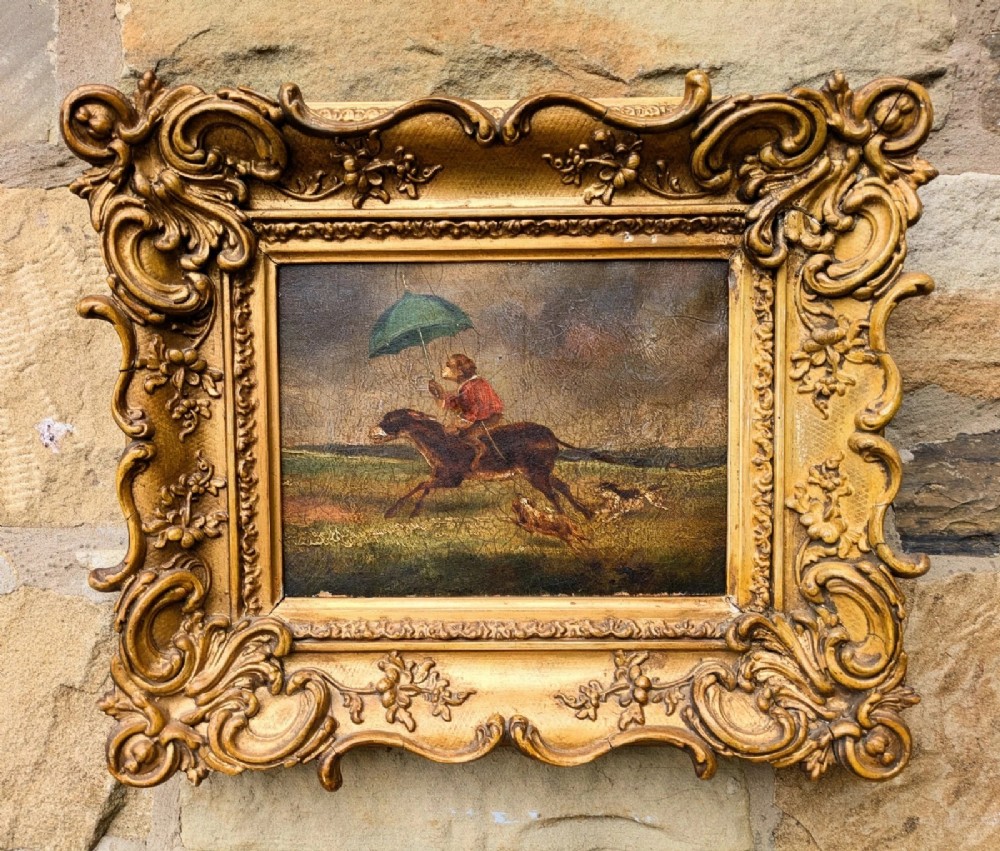 Oil Painting Monkey Riding a Donkey 19th Century