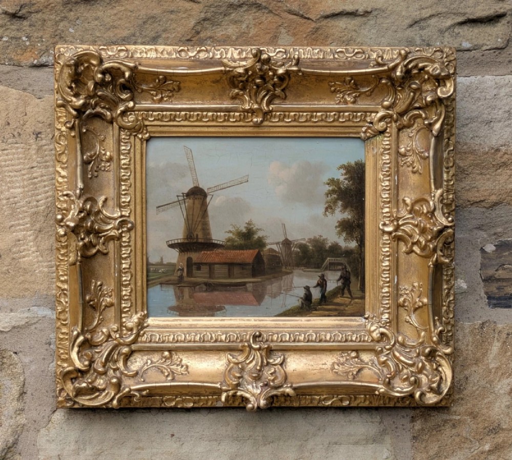 Oil Painting 19th Century River Fishing Scene With Windmills