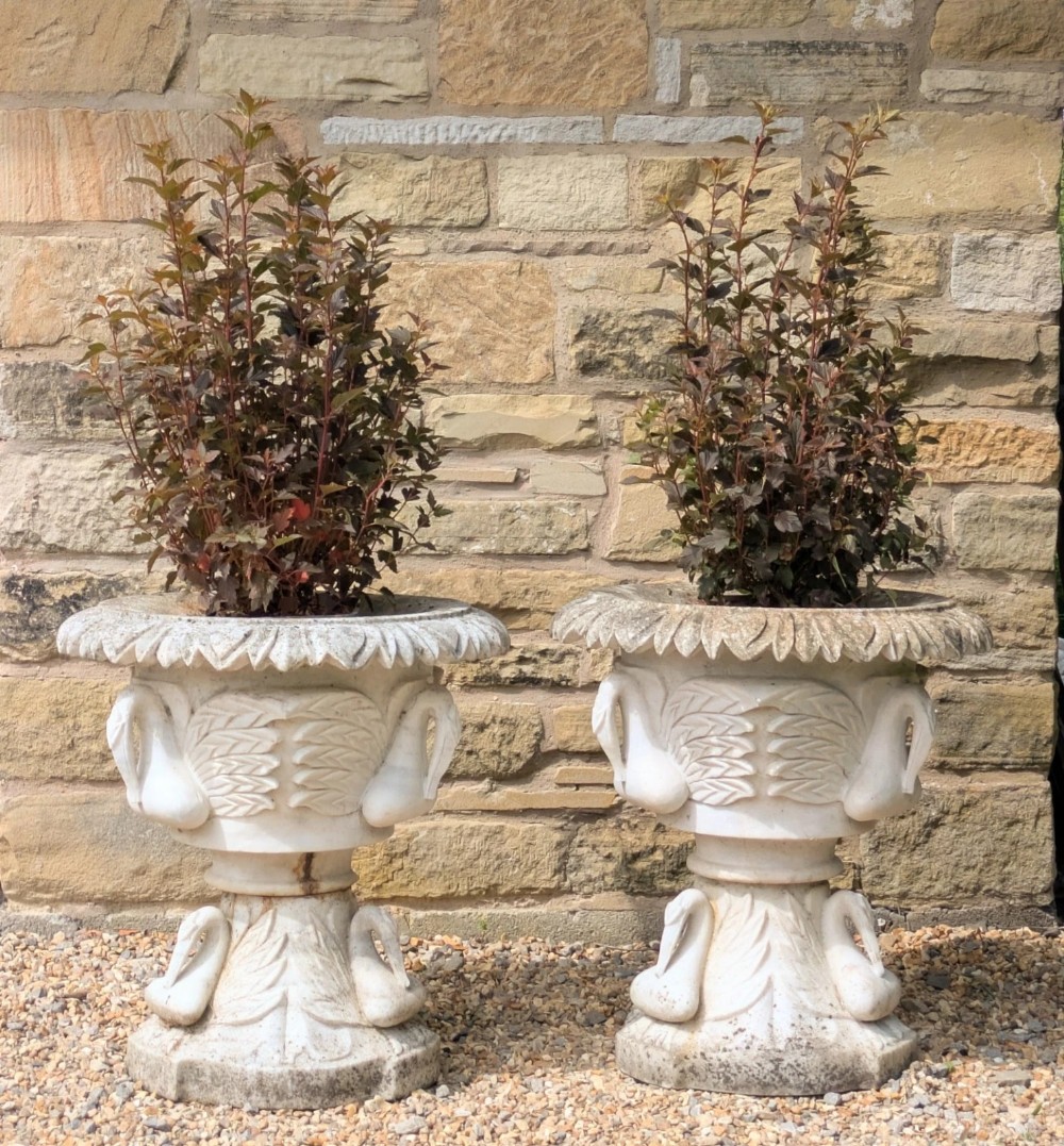 A Super Pair of Early 20th Century Carved Marble Garden Urns Swans
