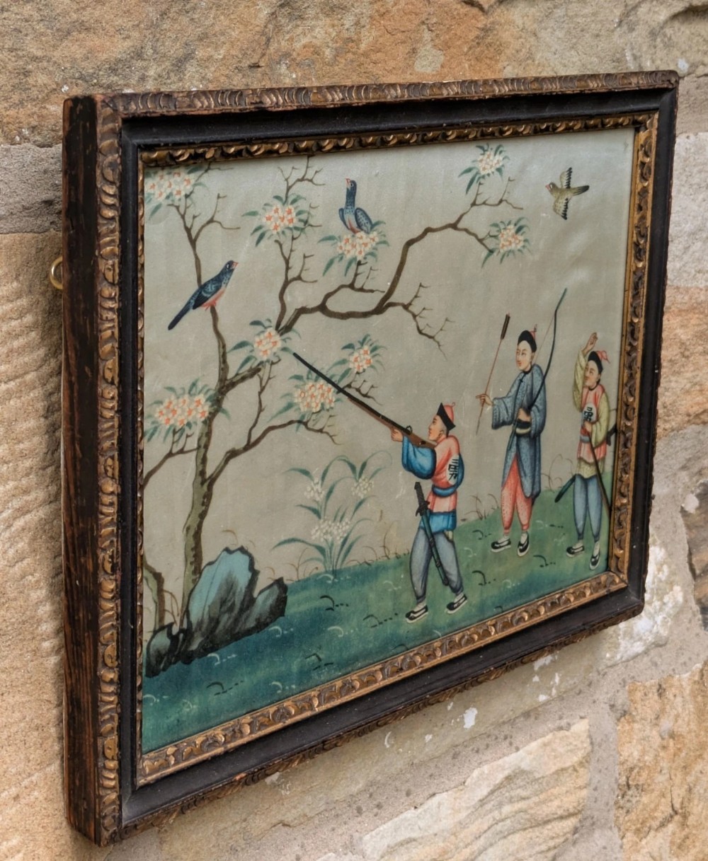 Chinese Watercolour on Silk Hunting Birds 19th Century