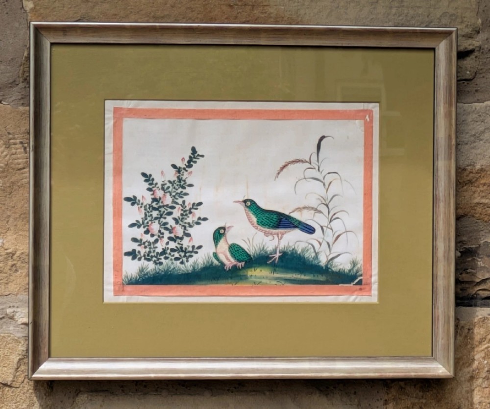 A framed Chinese watercolour painting depicting two green birds beside a flowering plant and tall grass on neutral paper within a silver-toned frame.