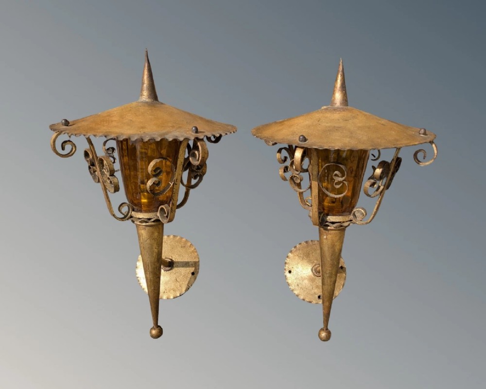 Stylish Pair Gilt Arts and Crafts Wall Lanterns