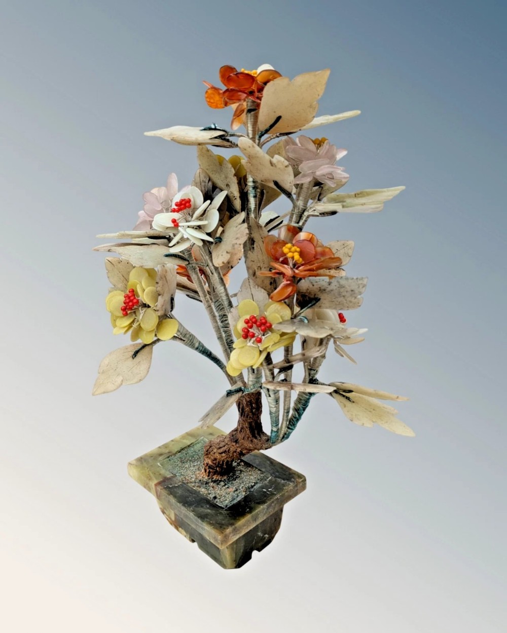 Large Chinese Hardstone Bonsai Jade Flowers Jardiniere