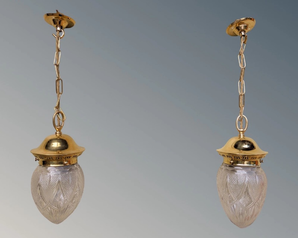 Beautiful Near Pair 19th Century Brass & Cut Glass Pendant Lights