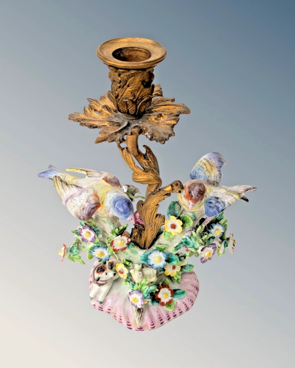 Good Pair of Derby Porcelain Bird Candelabra Gilt Bronze