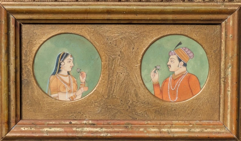 Mughal School Original Gouache Portrait Painting Jahangir & Bani Tahni
