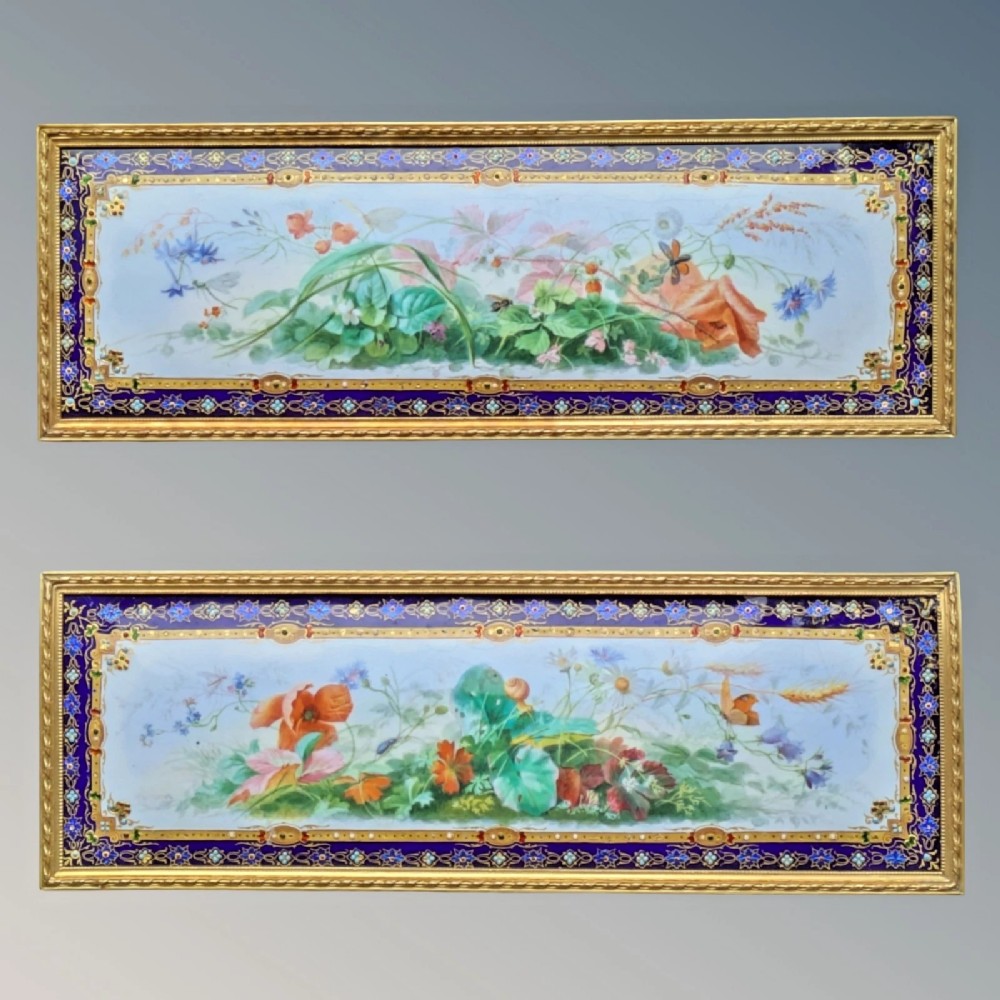 Pretty Pair of 19th Century French Porcelain & Gilt Bronze Enamelled Plaques