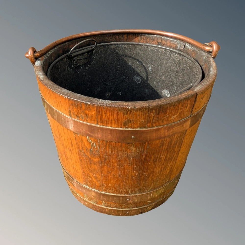 19th Century Coopered Oak & Copper Coal Bucket